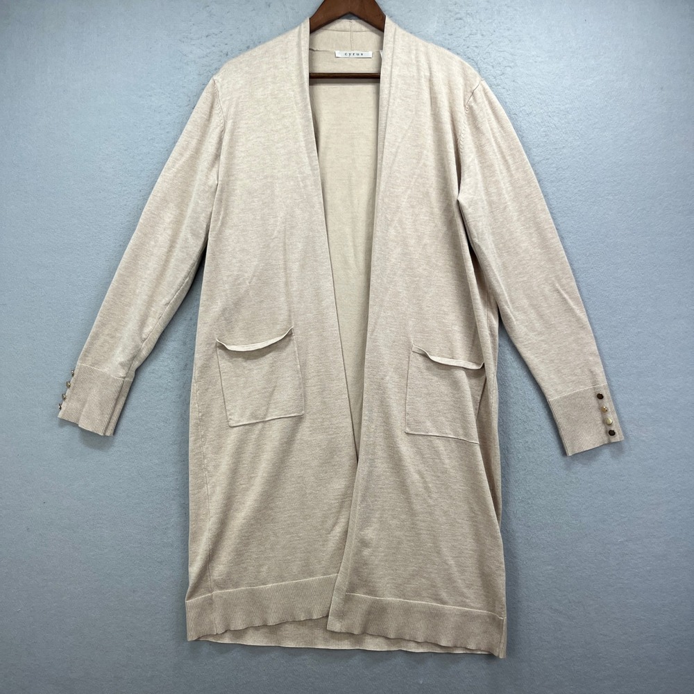 Cyrus Cardigan Sweater Womens XL Beige Long Open Front Pocket Duster Cozy Knit